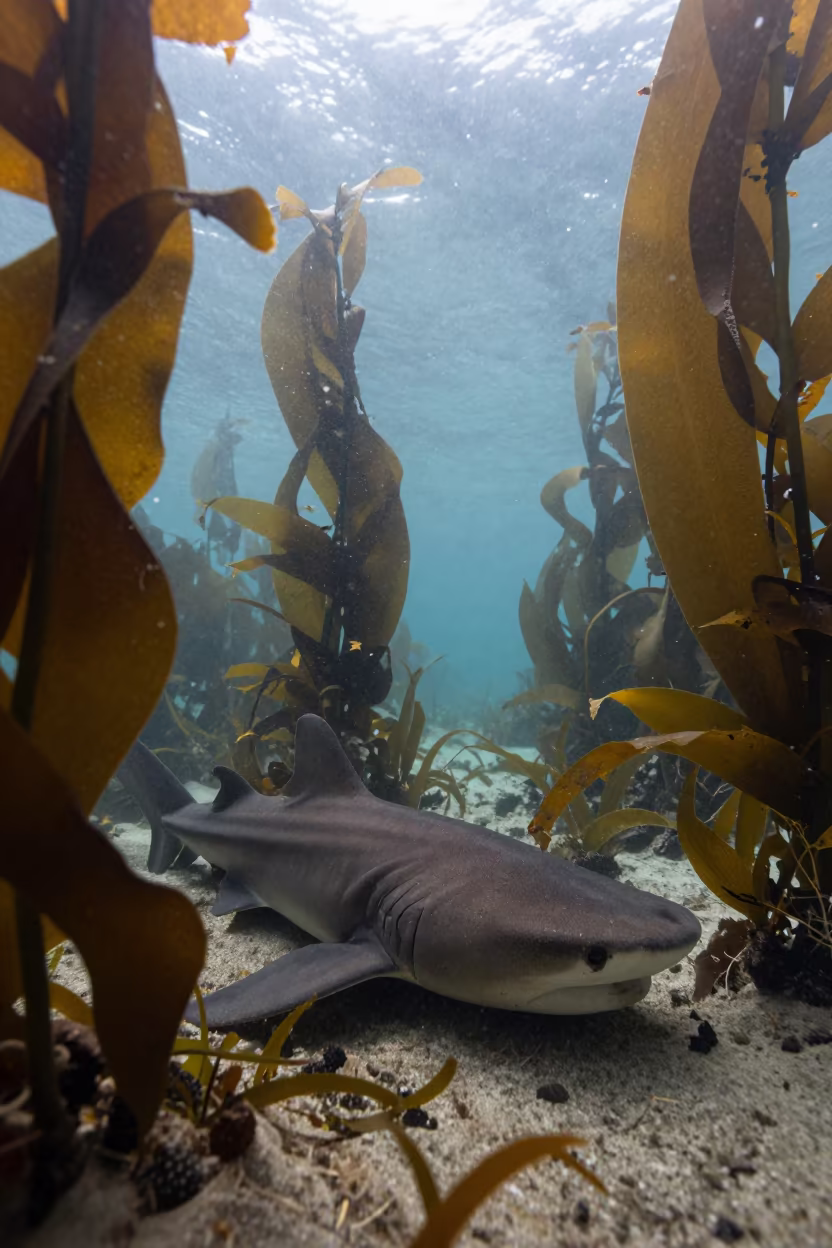 Horn Shark Resting on Kelp Forest Floor at Dawn in along a seagrass channel near the coast in California