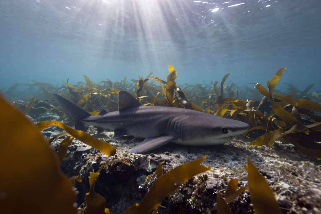 Horn Shark Resting on Cape Town Kelp Forest Floor in beside a tide-cut rock ledge under clear water in Cape Town