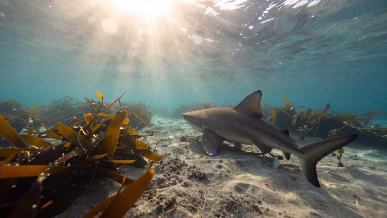 Horn Shark Resting on Kelp Forest Floor at Dawn in along a seagrass channel near the coast in California