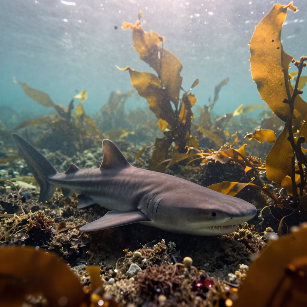 Horn Shark Resting on Kelp Forest Floor in through kelp fronds beside a rocky shelf in Italy