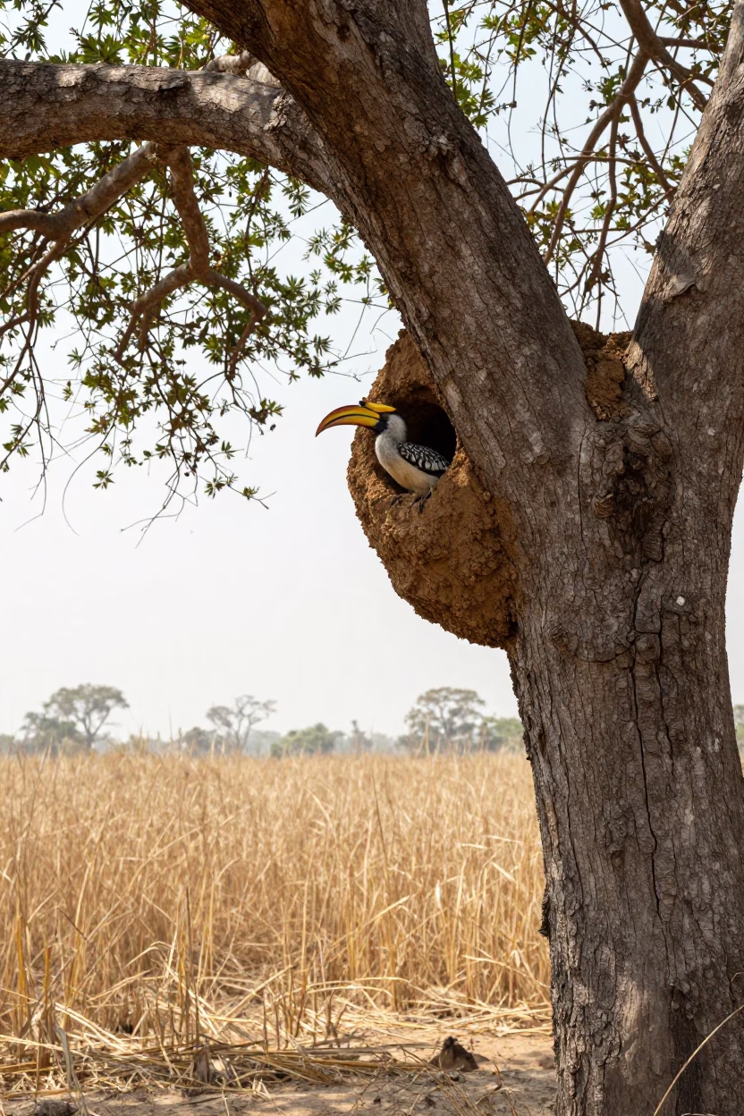 Hornbill Nest in Tree Cavity Nigeria in at the edge of a reed bed in Nigeria