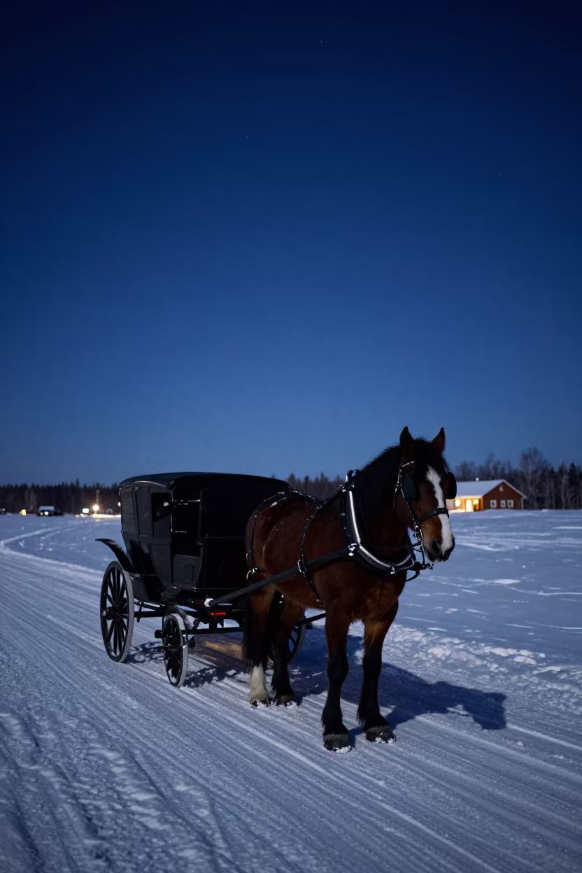 Horse Carriage in Snow at Canadian Inn Night in along a game trail in Canada