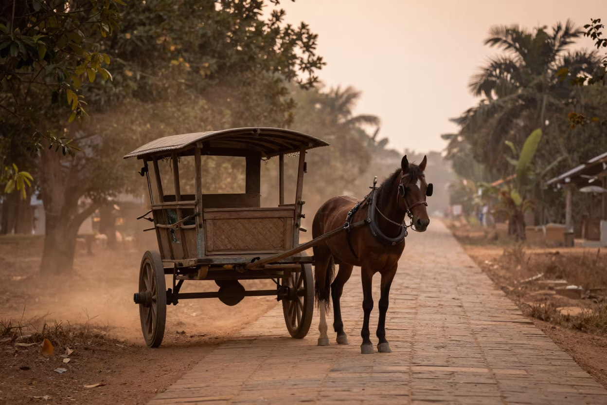 Horse Cart on Vientiane Causeway at Dusk in on a wind-open causeway near Vientiane