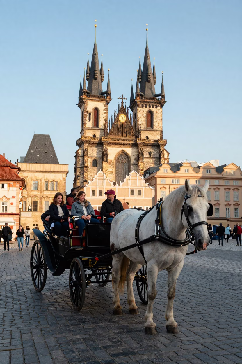 Horse-Drawn Carriage Touring Prague Cobblestone Streets in Late Afternoon Light in in Prague, Czech Republic