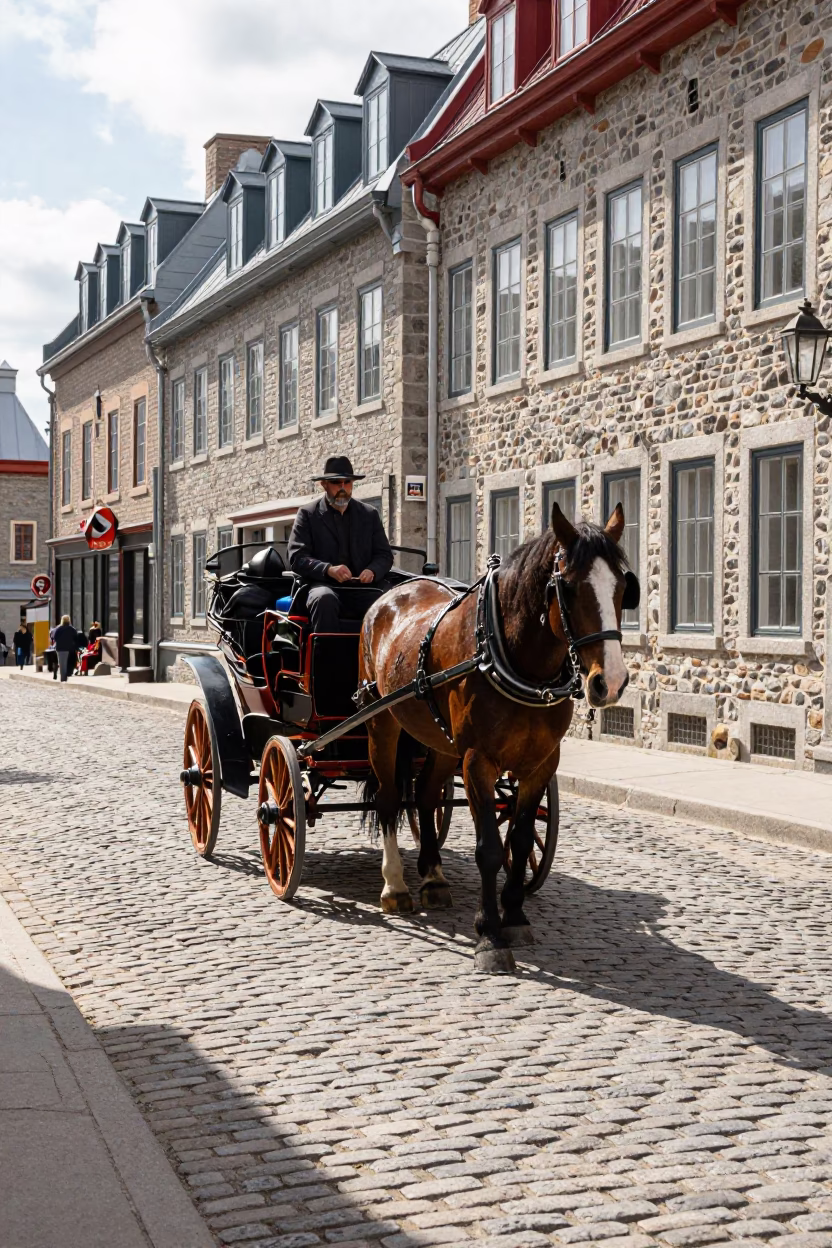 Horse-drawn cart navigating cobblestone streets in Quebec City historic district at midday in in Quebec City, Quebec, Canada