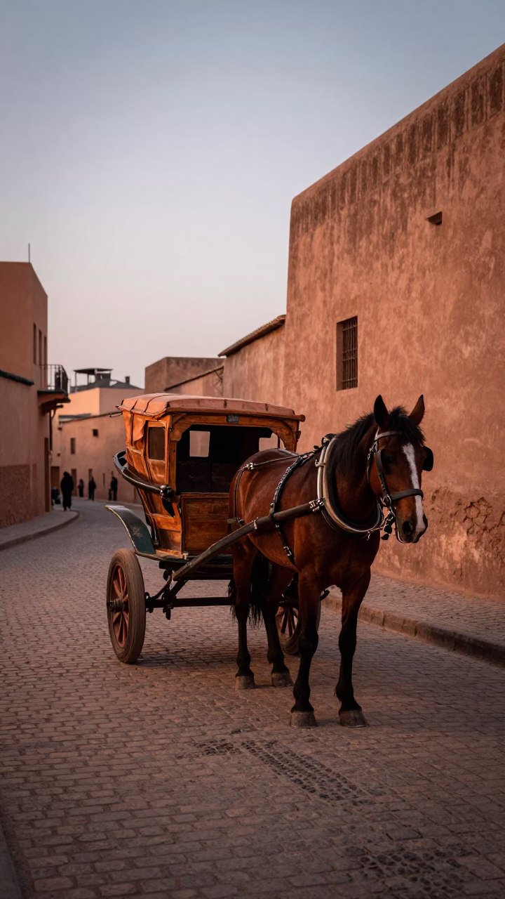 Horse-drawn cart navigating narrow cobblestone street in Fez Morocco at dusk in in Fez, Morocco