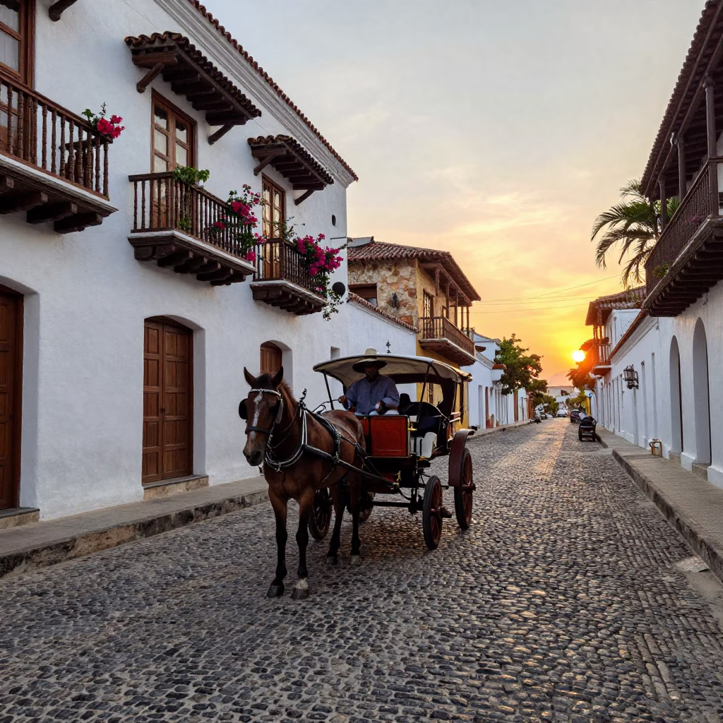 Horse-Drawn Cart on Cobblestone Street in Cartagena Colombia at Sunset in in Cartagena, Colombia