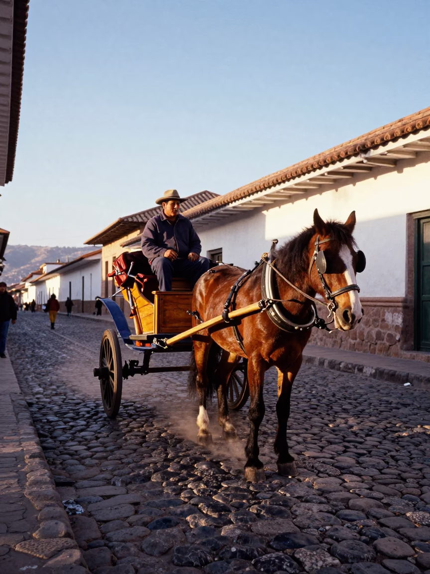 Horse-drawn cart on cobblestone street in Cusco Peru late afternoon light in in Cusco, Peru