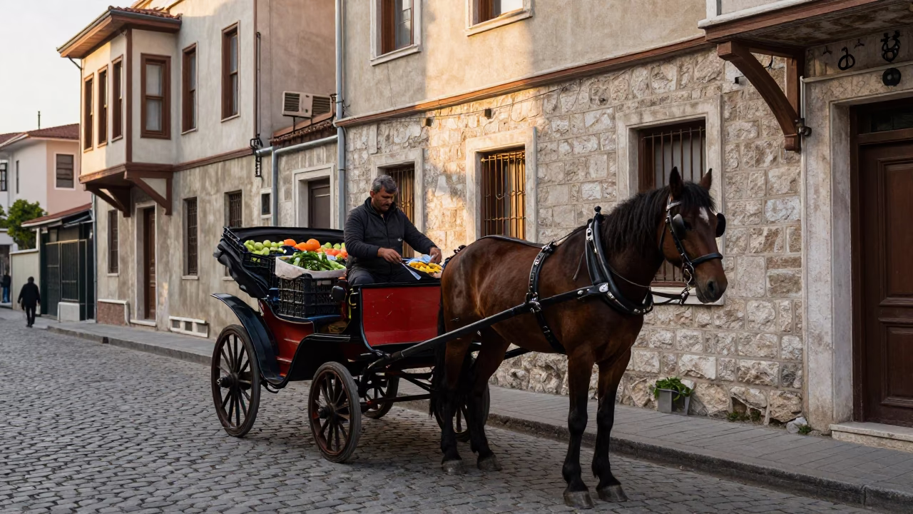 Horse-drawn cart on cobblestone street in Istanbul Turkey late afternoon light in in Istanbul, Turkey