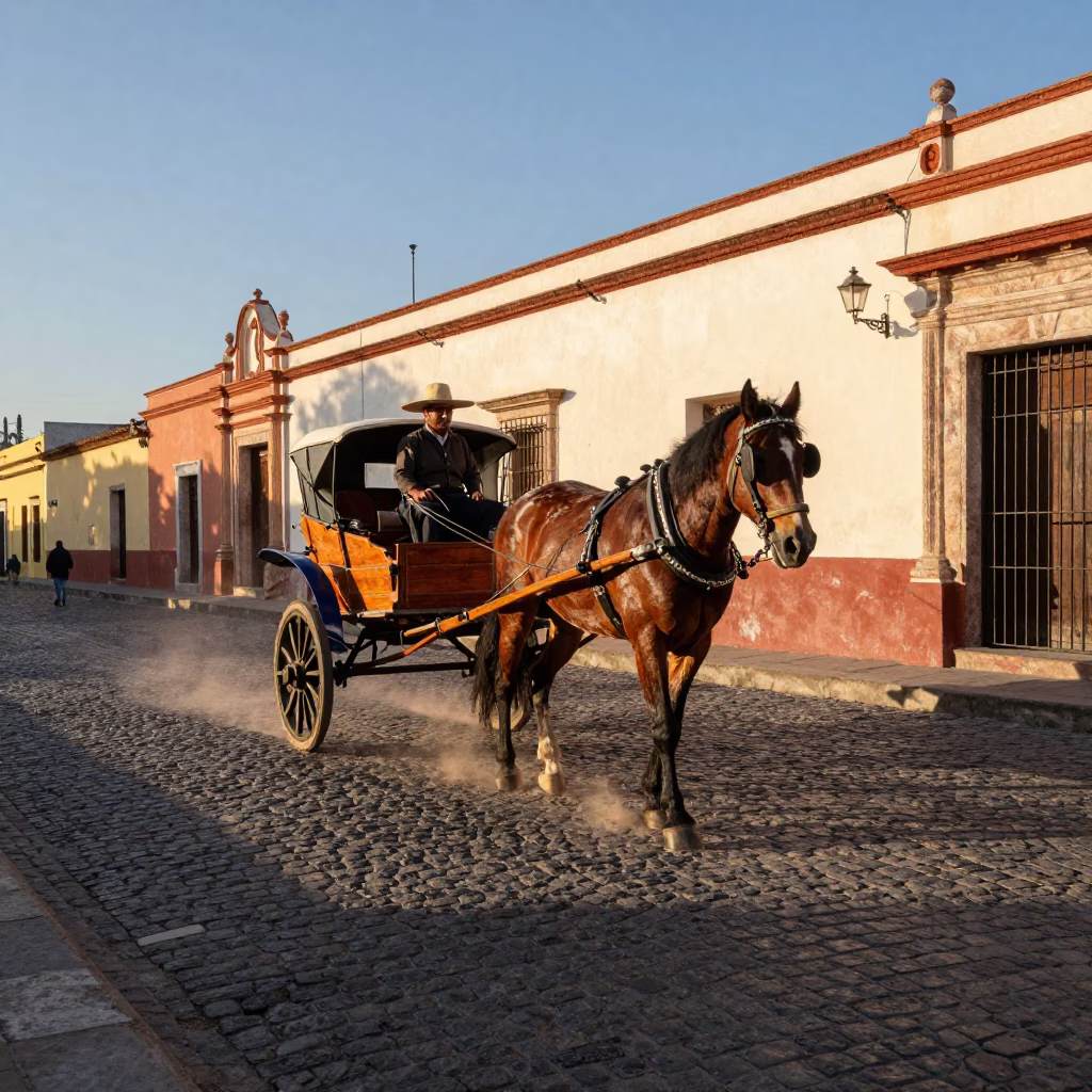 Horse-drawn cart on cobblestone street in Merida Mexico late afternoon light in in Merida, Mexico