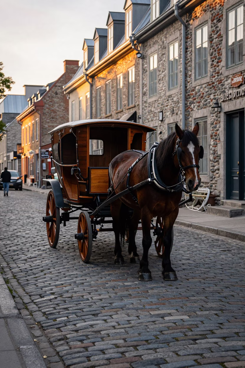 Horse-Drawn Cart on Cobblestone Street in Quebec City at Golden Hour in in Quebec City, Quebec, Canada
