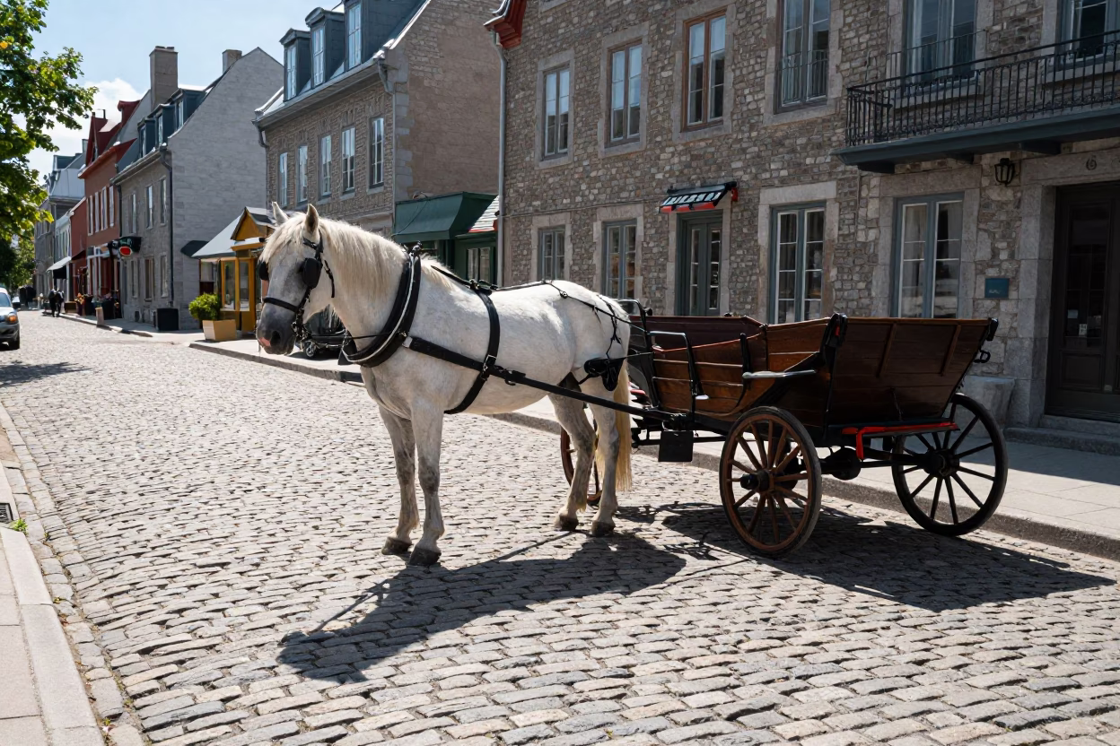 Horse-drawn cart on cobblestone street in Quebec City under noon glare in in Quebec City, Quebec, Canada