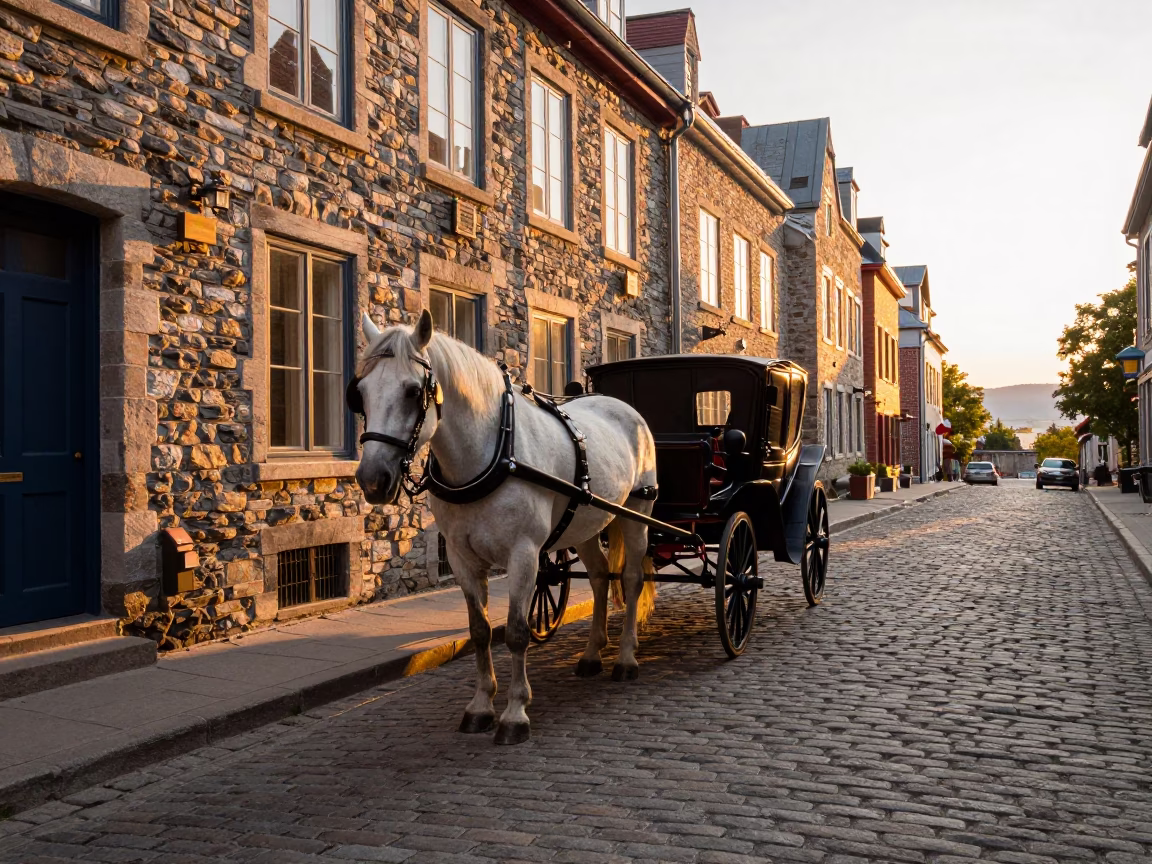 Horse-drawn cart on Quebec City cobblestone streets at sunset in in Quebec City, Quebec, Canada