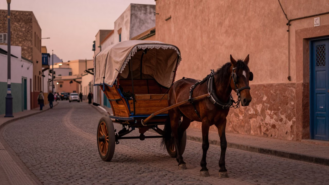 Horse-Drawn Cart Traveling Cobblestone Street in Essaouira Morocco Before Dusk in in Essaouira, Morocco