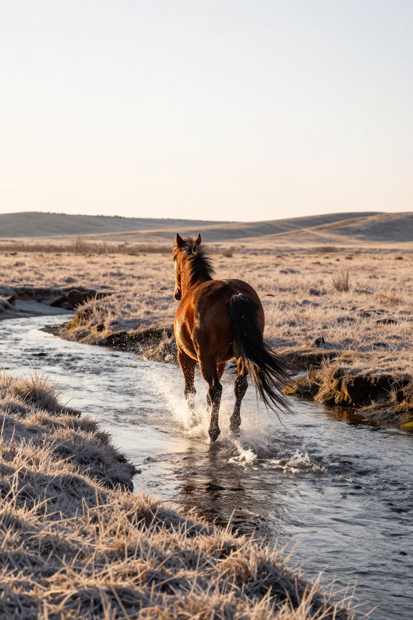 Horse Galloping Through Surf in Nebraska Stream in above a glacial stream in Nebraska