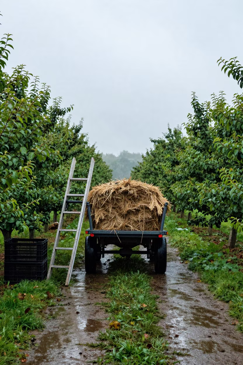 Horse Hay Wagon in Rainy Season Orchard in among orchard ladders and crates in Retalhuleu