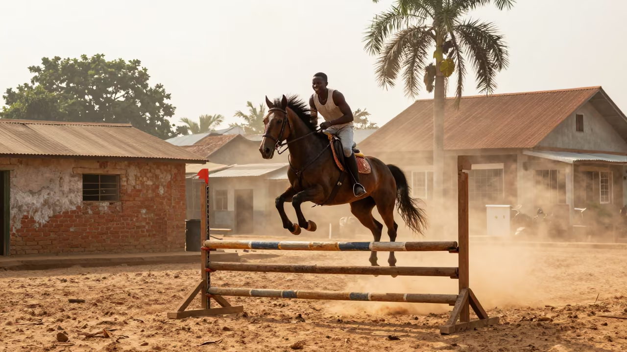 Horse and Rider Jumping in Bangui Old Quarter in in the old quarter in Bangui