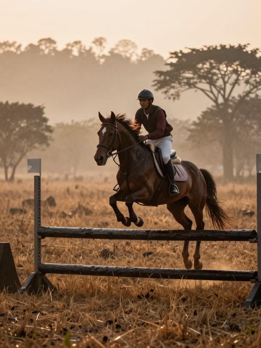 Horse and Rider Jumping at Dawn Near Bujumbura in near Bujumbura