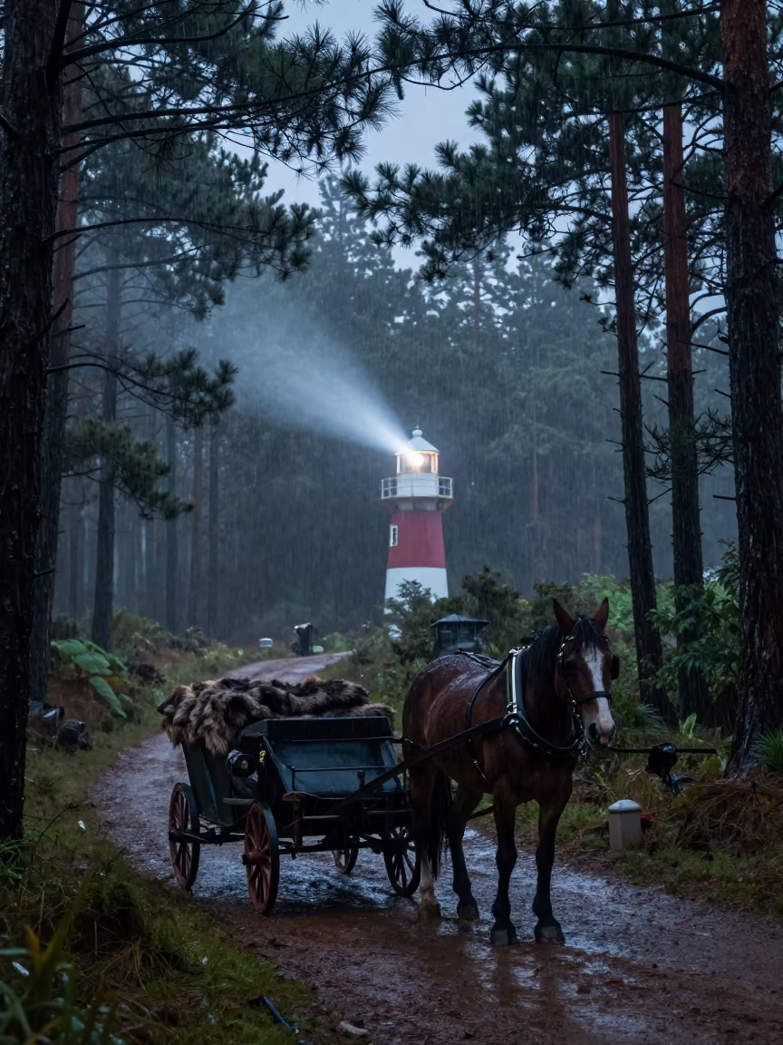 Horse Sleigh Fur Blankets Midnight Pine Forest in along a game trail near Kandy