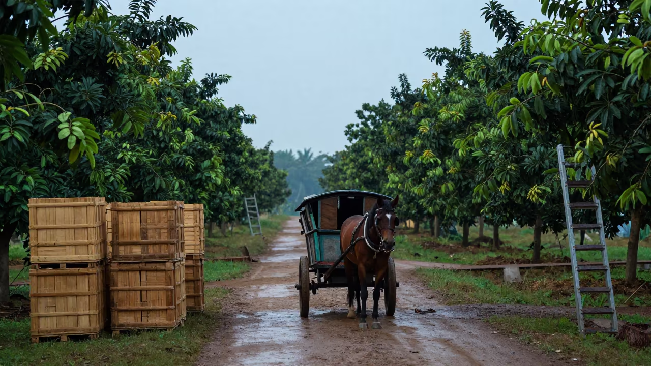 Horse Wagon Dawn Light Brunei Orchard Road in among orchard ladders and crates in Brunei