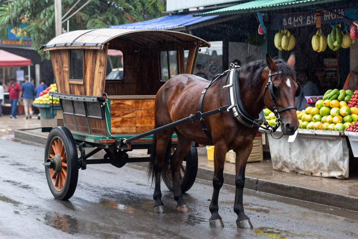 Horse Wagon at Yangon Fruit Stand Monsoon in near Bogyoke Market, Yangon