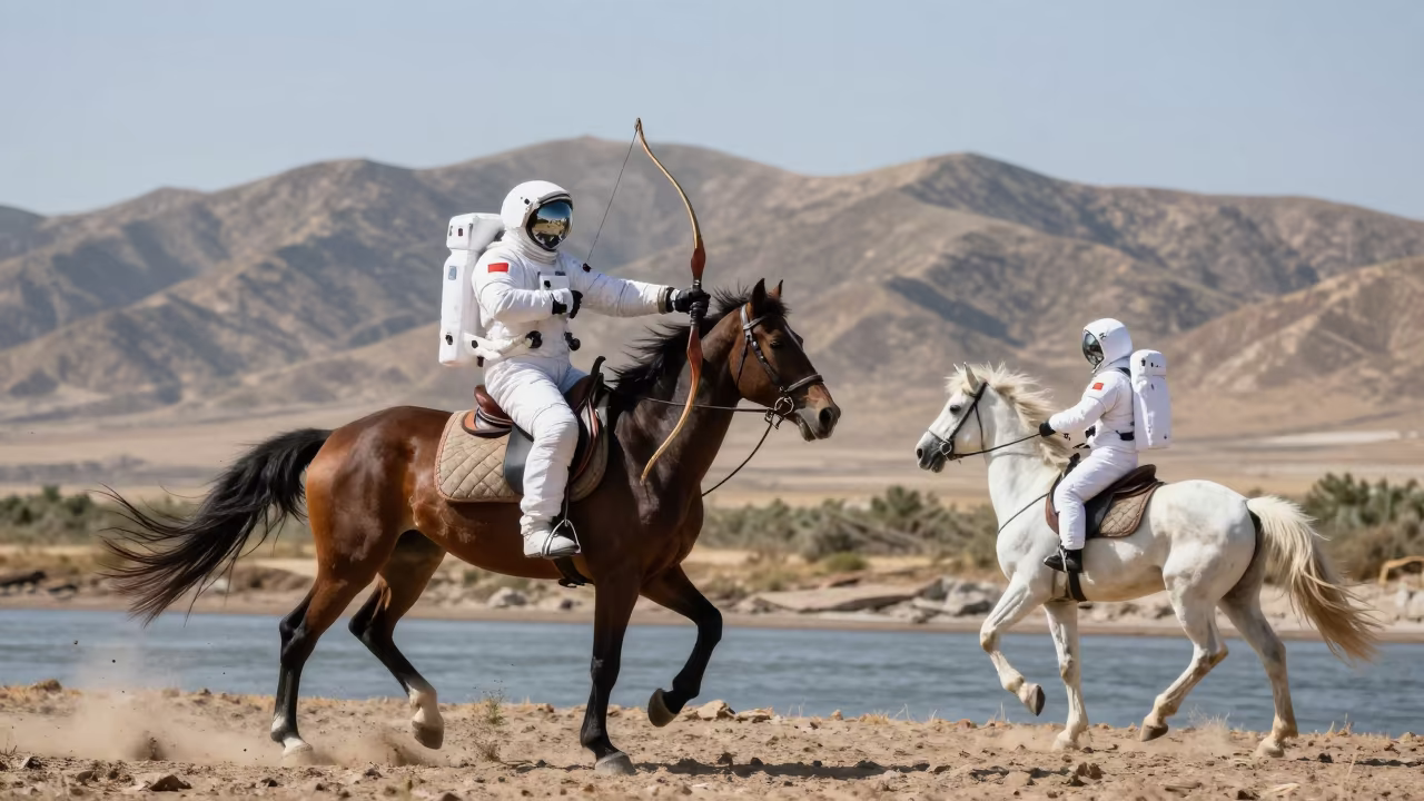 Horseback Archer and Astronaut Unicorn in by a riverbank near Nanning