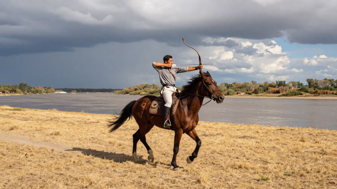 Horseback Archer Drawing Bow Near Hue River in by a riverbank near Hue