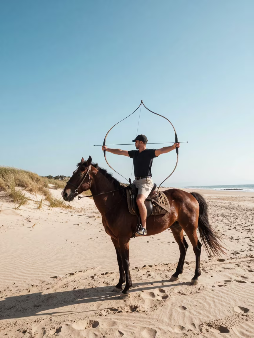 Horseback Archer Drawing Bow on Xixón Beach in along a beach near Xixón