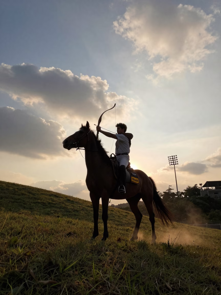 Horseback Archer Draws Bow at Shenzhen Sunset in on a hillside near Shenzhen