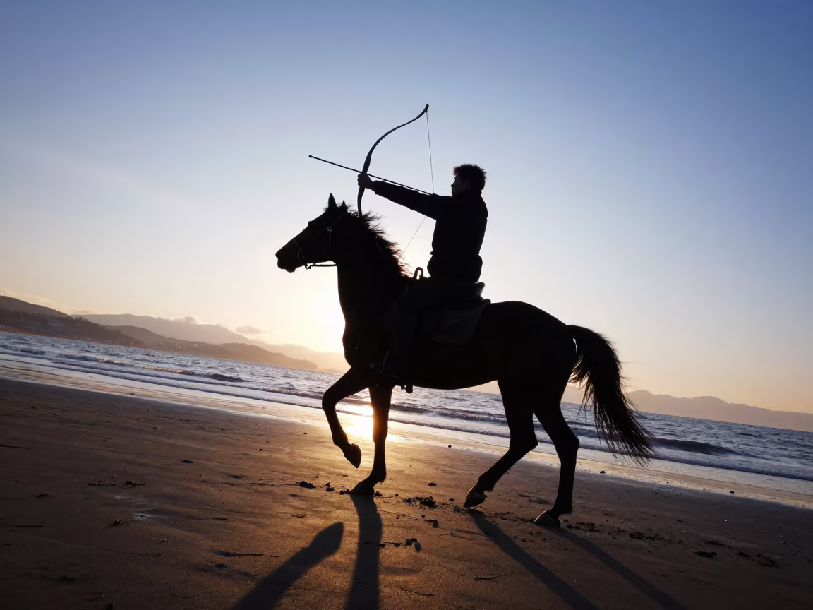 Horseback Archer Winter Beach Dawn in along a beach near Kobe