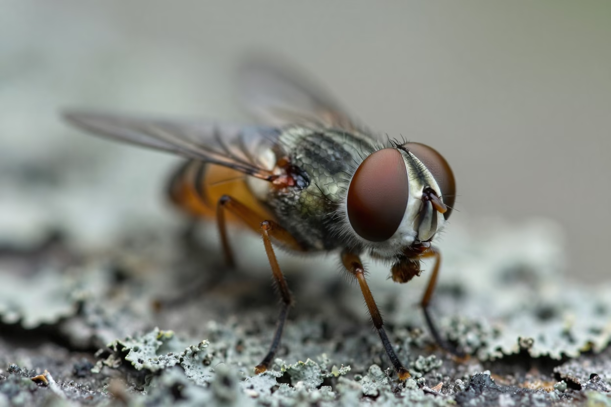 Horsefly Compound Eye Macro Detail in on lichen-covered bark in Haiphong