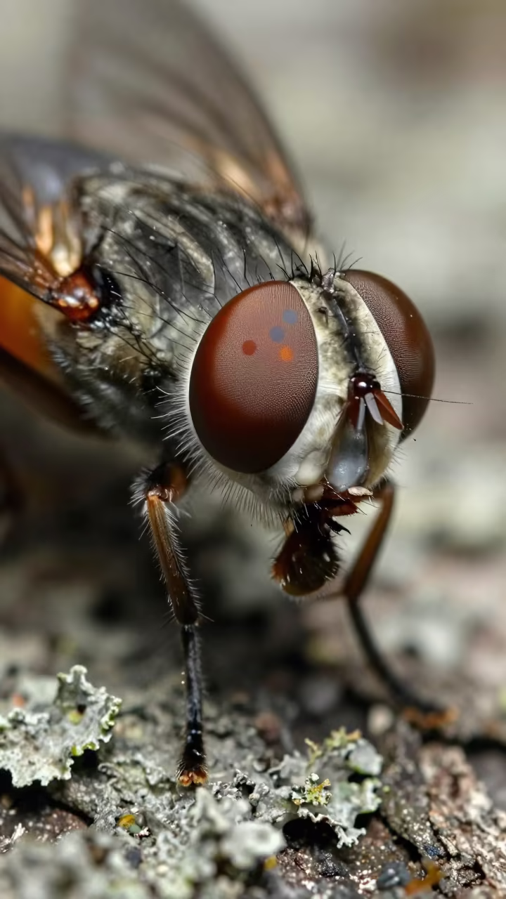 Horsefly Compound Eye Macro in Lamplight in on lichen-covered bark in Chiclayo