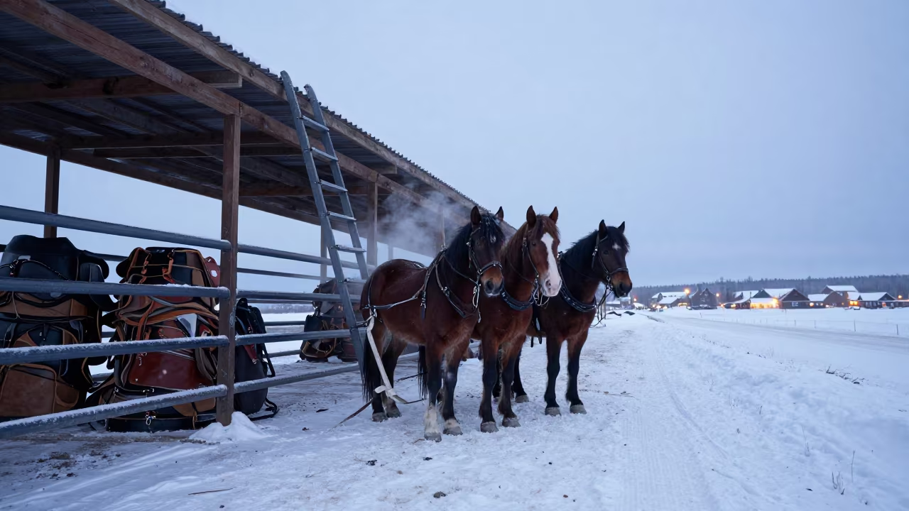 Horses at Night in Drifting Snow in at a stockyard loading ramp in Northwest Territories