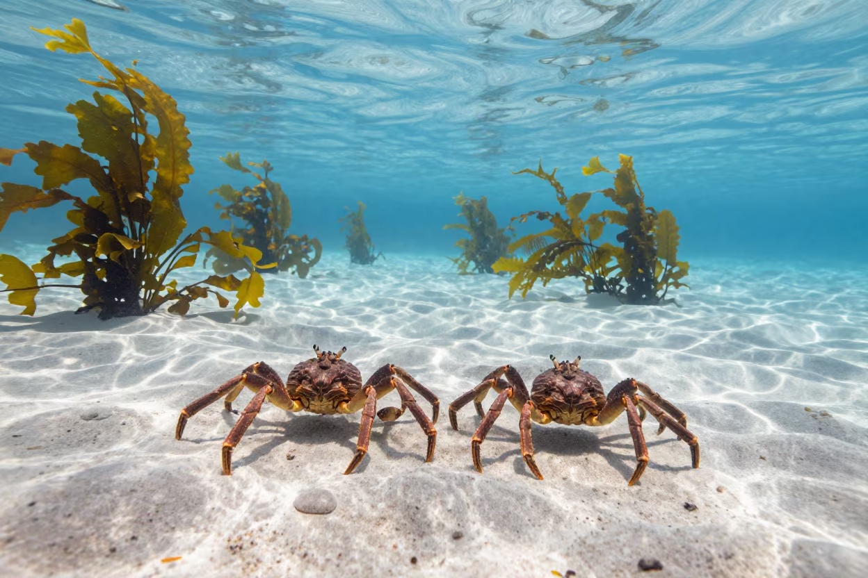Horseshoe Crab Pair in Sydney Kelp Forest in through a forest of kelp fronds near The Rocks, Sydney