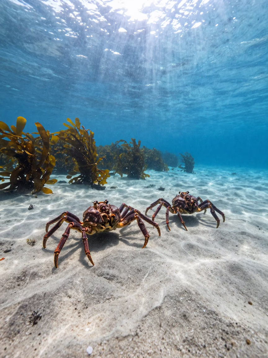 Horseshoe Crab Pair in Tandem on Sandy Shelf in along a kelp-fringed shelf near Mumbai