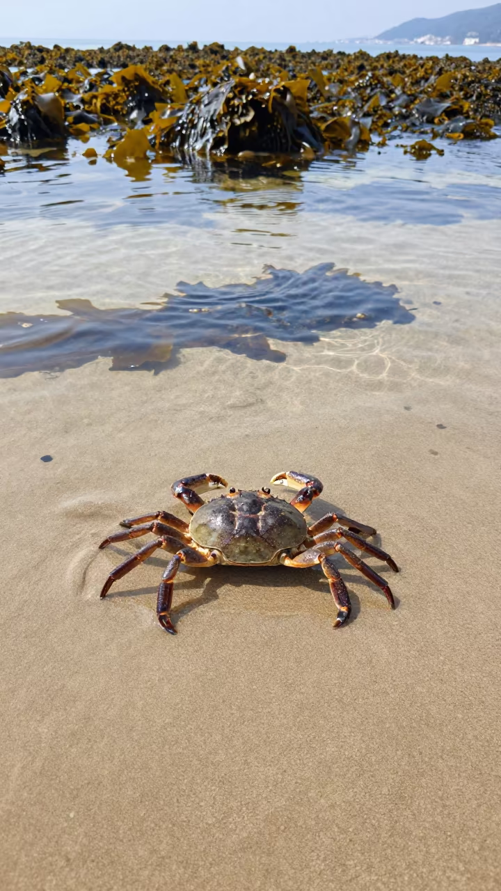 Horseshoe Crab on Rain-Washed Busan Shore in along a kelp-fringed shelf near Huinnyeoul, Busan