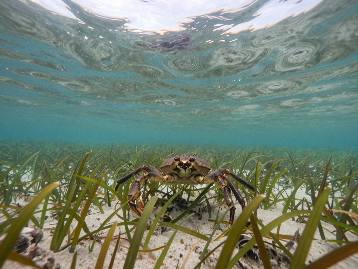 Horseshoe Crab on South African Seagrass Meadow in above a seagrass meadow in South Africa