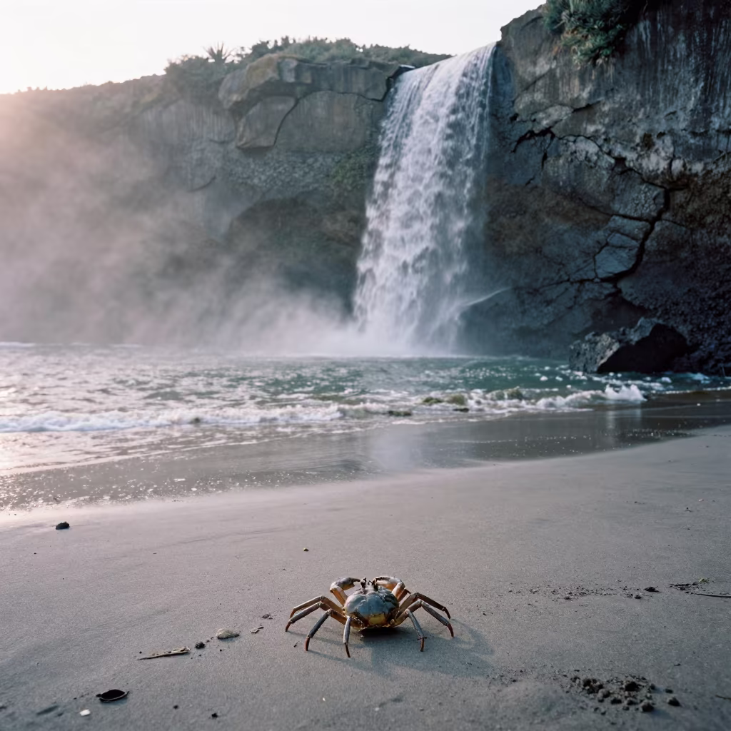 Horseshoe Crab Spawn Volcanic Waterfall Surreal in beside a volcanic drop-off near Porto