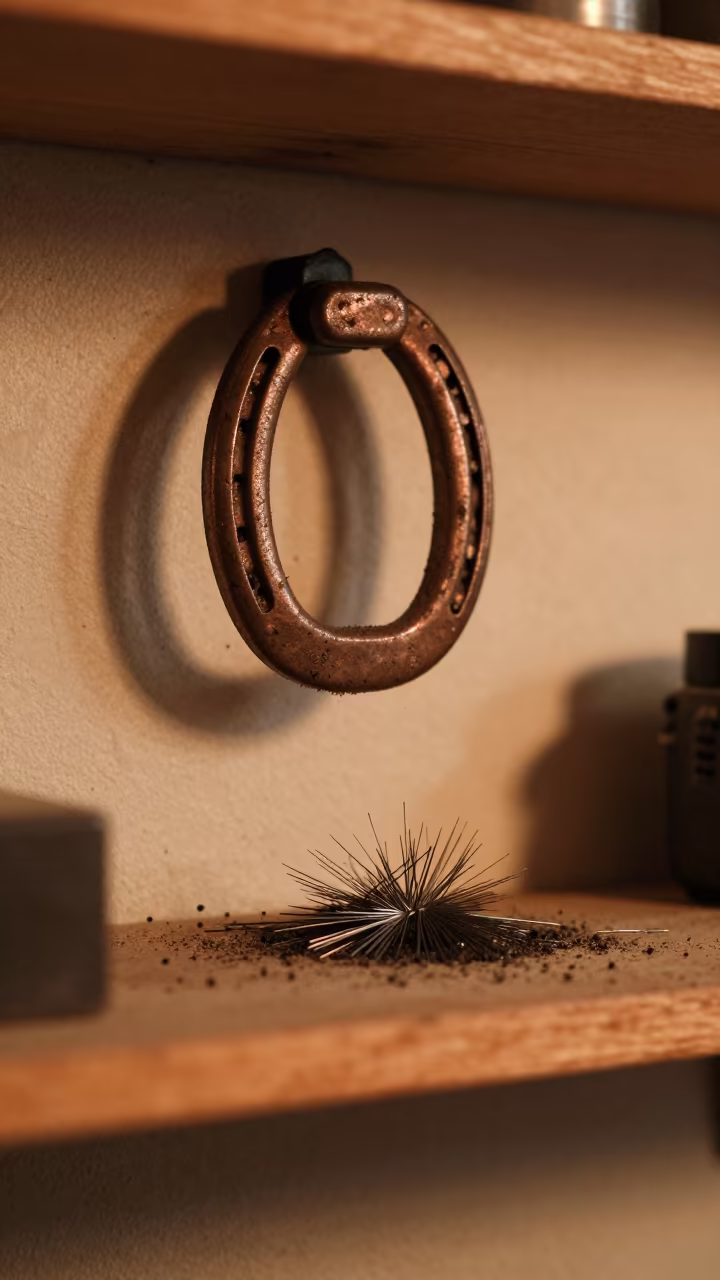 Horseshoe Magnet Lifting Iron Filings in Lima Workshop in on a workshop shelf in Rimac, Lima