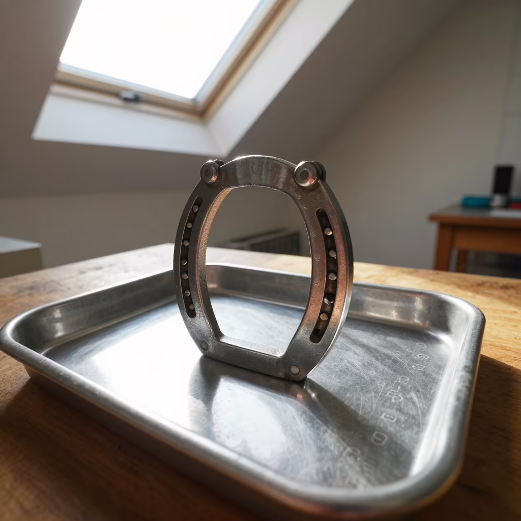 Horseshoe Magnet on Tray in Afternoon Light in on a wooden workbench in Edmonton