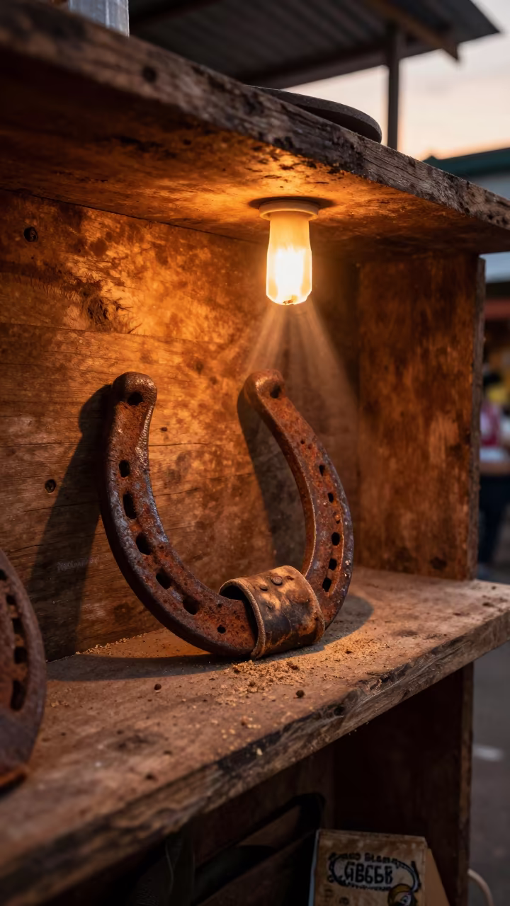 Horseshoe on Wooden Market Shelf in on a wooden shelf inside a covered market in Belem