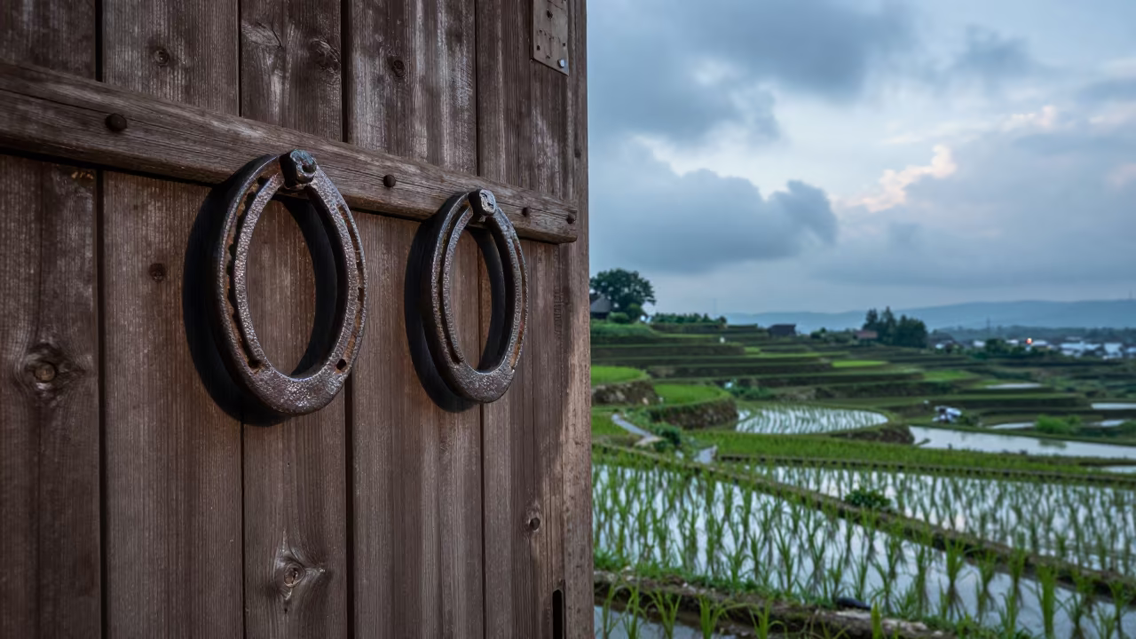 Horseshoes Above Barn Door in Suzhou Rice Paddies in among terraced rice paddies in Suzhou