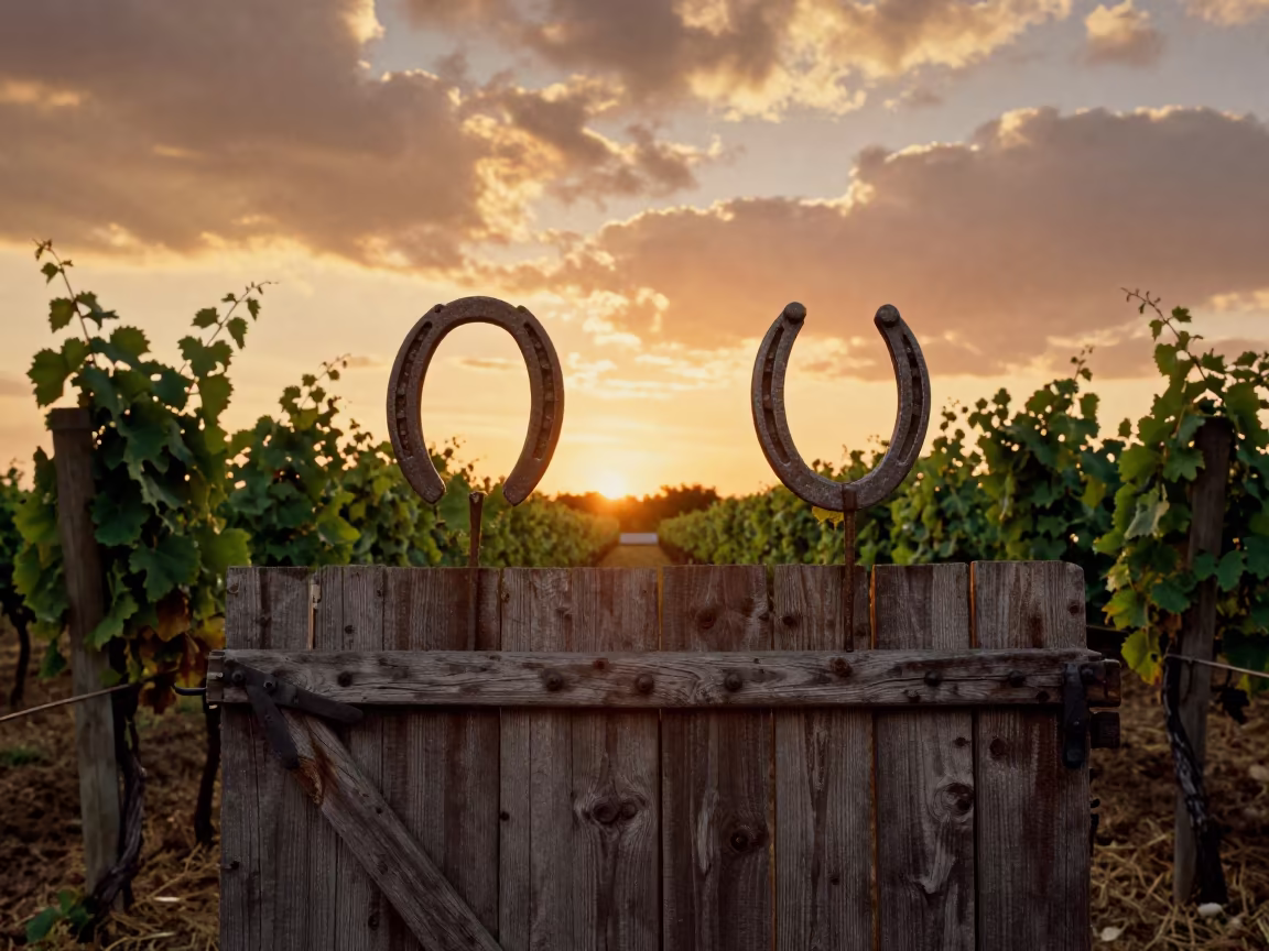 Horseshoes Above Barn Door Vineyard Sunset in between vineyard trellises in the Loire Valley