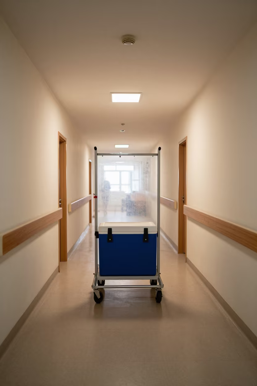 Hospital Corridor Cooler Dolly Luanda Afternoon in inside a hospital corridor near Luanda
