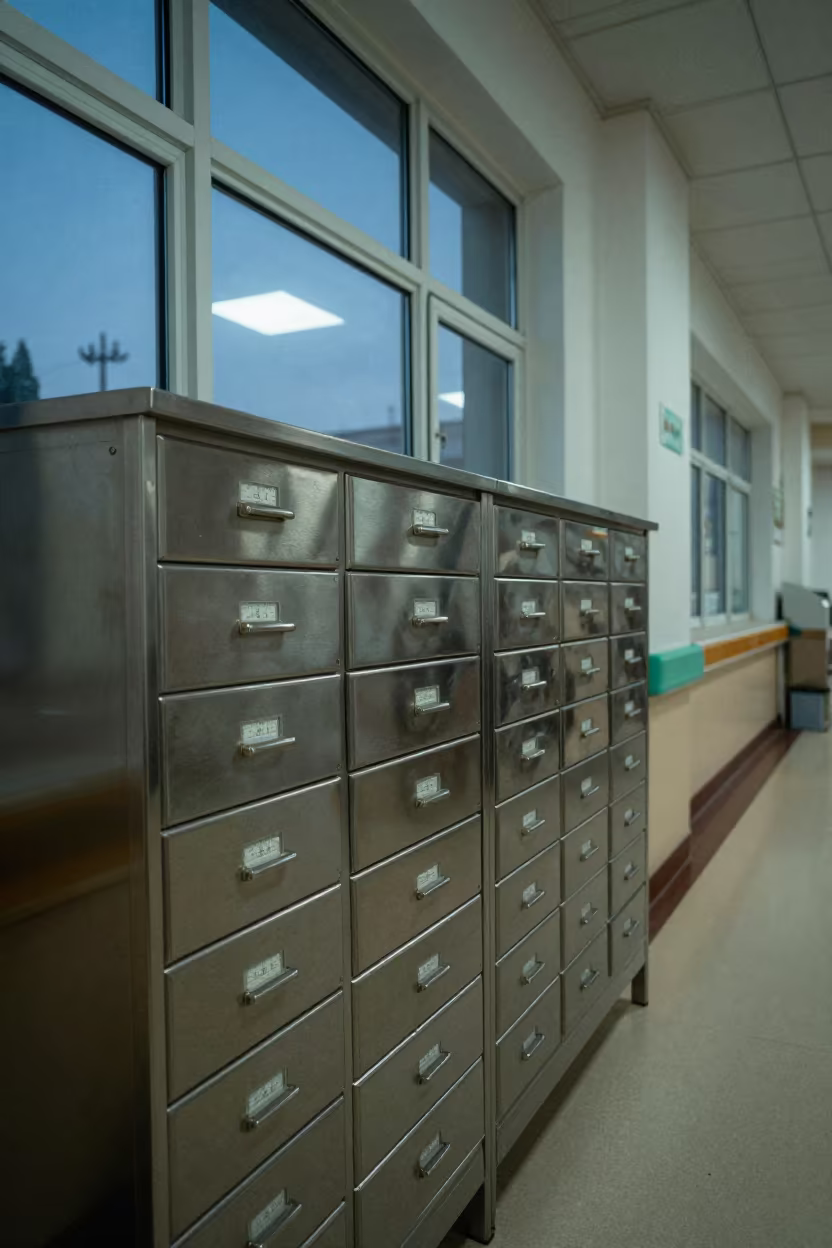 Hospital Corridor Medical Ruler Drawer at Twilight in inside a hospital corridor near Pyongyang
