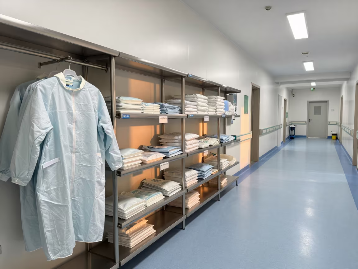Hospital Gown Shelf with Sterile Packs in inside a hospital corridor in Hefei