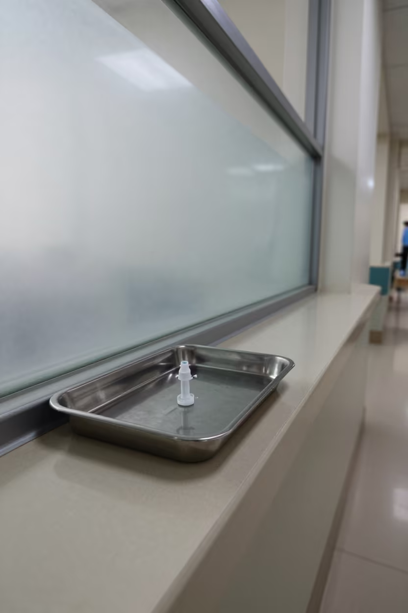Hospital Requisition Stamp Tray Noon Light in inside a hospital corridor in Chittoor
