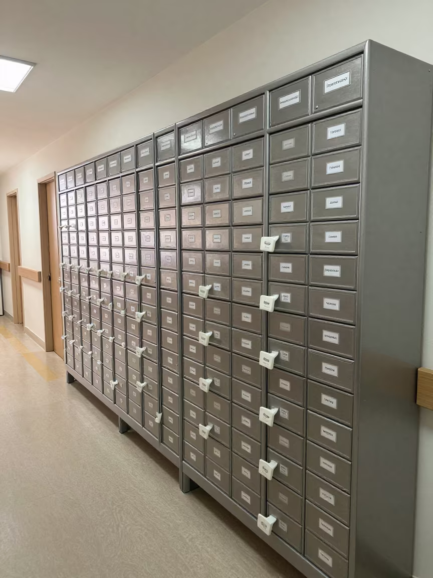 Hospital Service Tag Drawer Before Queue in inside a hospital corridor in Santiago de Veraguas