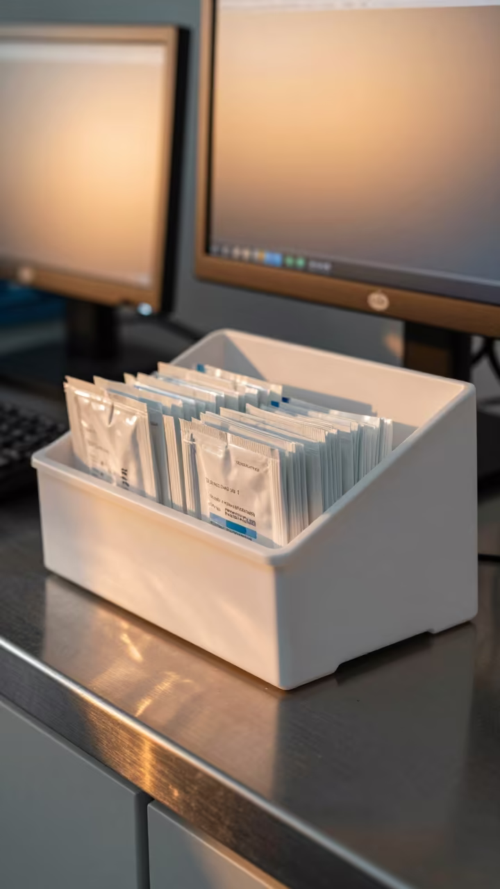 Hospital Sorter Under Golden Sunset Glow in at a nurse station under monitor glow in Hama