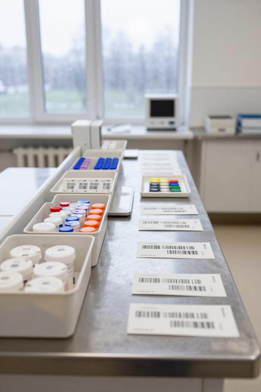 Hospital Specimen Intake Desk with Labeled Tubes in inside an imaging suite in Minsk